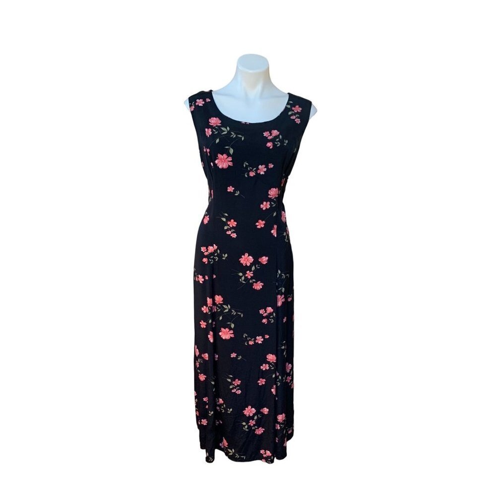 Vintage 90s Floral Maxi Dress Black Pink Roses Print Size 16 XL